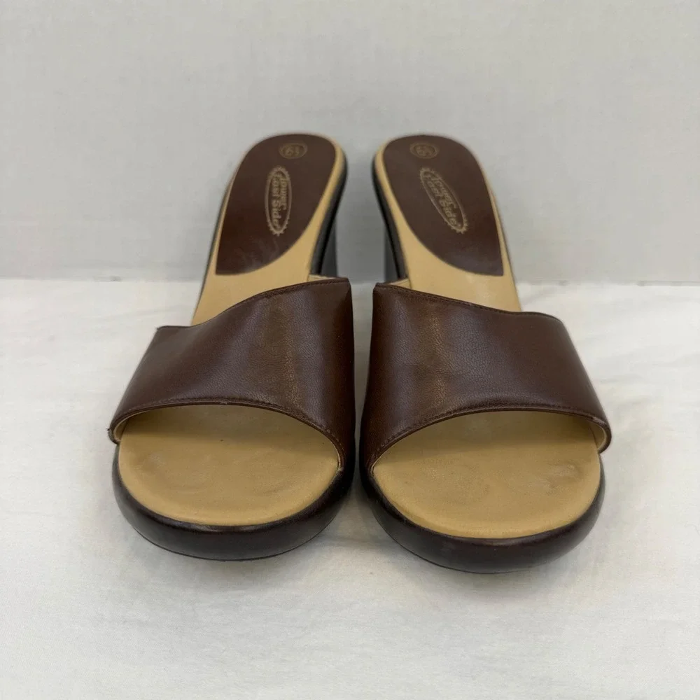 Y2K Lower East Side Brown Wedge Sandals Platform Slide Heels Vintage Womens 6.5